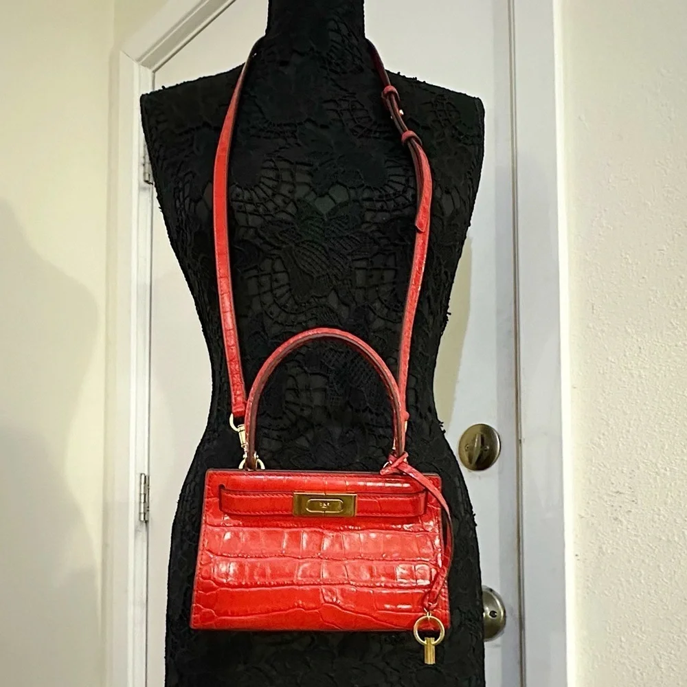 Tory Burch Mini Lee Radziwill Croc Embossed Leather Satchel